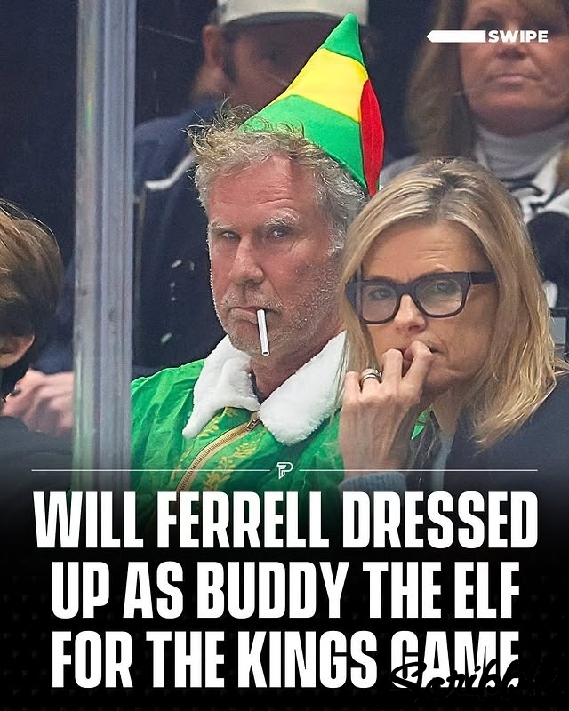 Will Ferrell attended the Los Angeles Kings’ game against the Philadelphia Flyers dressed as Buddy the Elf, his iconic character from the 2003 holiday film “Elf.”Ferrell, a well-known Kings fan, was spotted in the front row wearing the full Buddy costume, complete with a faux cigarette, adding a humorous touch to the festive season.  🤣